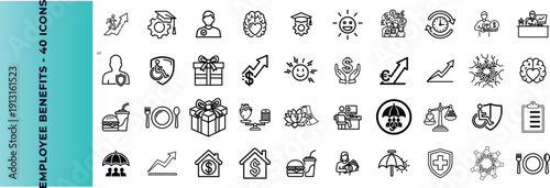 Human resources linear icon collection. Including retirement security medical life and career benefits. Editable stroke. Vector illustration