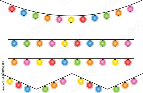Colorful string lights garland vector illustration for festive decoration isolated on transparent background
