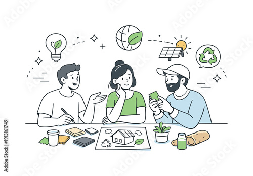 Image Generation. Inspirational design with ecology materials trend. A creative team discussing sustainable concepts around sketches and material samples. The