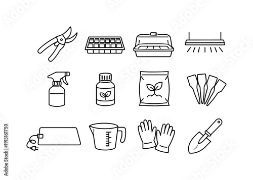 Image Generation. Propagation tools and supplies. Line icon set of propagation tools and supplies: pruning shears, propagation tray, humidity dome, grow light,