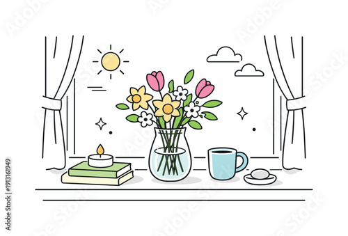 Image Generation. Spring interior decor. A sunlit windowsill with a vase of fresh spring flowers, minimal objects, and light shadows, evoking peace and natural