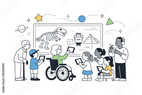 Image Generation. Group learning with adaptive tech. A diverse group including seniors and children using assistive devices and tablets to engage with a