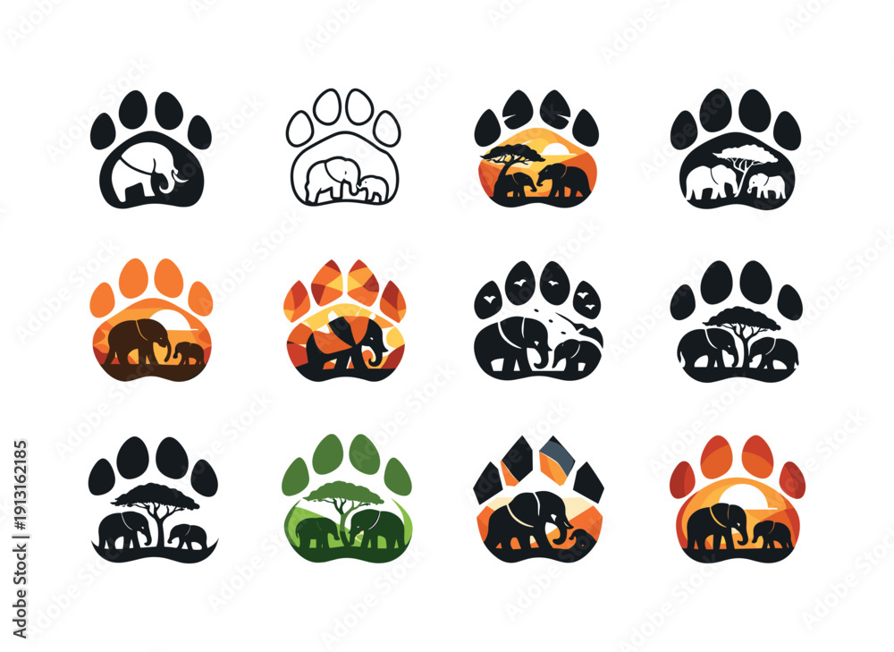 Fototapeta premium african elephants in the wild. Icon set. Set Logo of african elephants in the wild: elephant footprint. harmonious logo variations of the