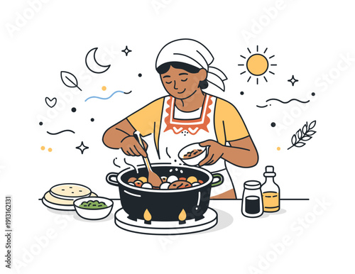 Image Generation. Home-style ethnic cooking. A person preparing a traditional dish in a pot, gentle movement and focused process. Warm cultural feeling with