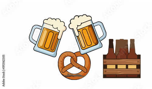Oktoberfest Beer Mugs Pretzel and Beer Bottle Crate Flat Vector Illustration on White Background