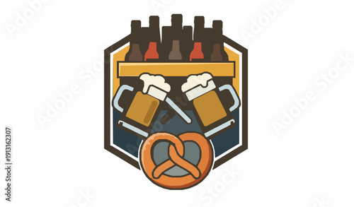 Vintage Oktoberfest Badge with Beer Mugs Pretzel and Bottle Crate Vector Design on White Background