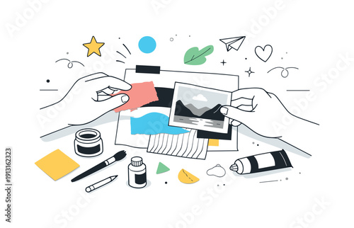 Creative mixed media workflow. Hands layering different materials like paper pieces, photos, and paint on a surface. Calm experimentation