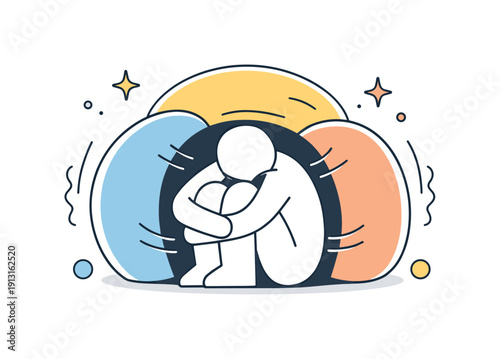 Anxiety and tension. Compressed shapes and curved lines surrounding a central abstract figure, expressing inner pressure in a soft,