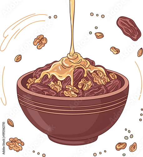 Bowl of oatmeal with nuts and honey drizzle