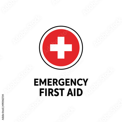 Emergency First Aid Symbol - Red Cross Logo with Text