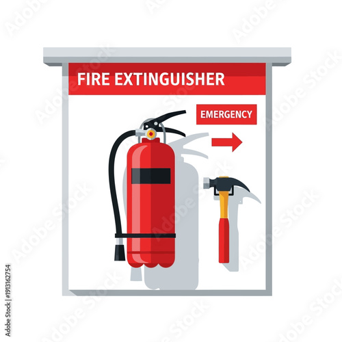 Fire Extinguisher and Hammer in Emergency Cabinet - Safety Equipment Illustration