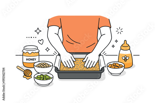 Image Generation. Healthy snack baking process. A person pressing an energy bar mixture into a pan, with simple ingredients like seeds and honey nearby. The