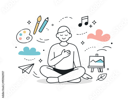 Personal growth through artistic expression. A figure surrounded by floating creative symbols like brushes, notes, and abstract forms. The