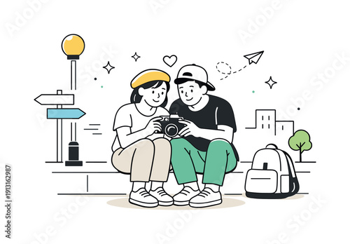 Travel memories. A couple reviewing photos on a camera screen while sitting near simple city elements. The mood feels reflective, cozy, and