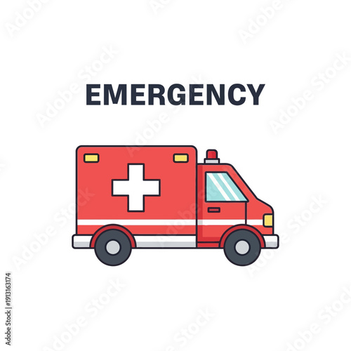 Red ambulance with white cross and 'EMERGENCY' text, vector illustration