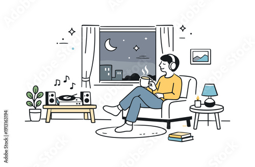 Peaceful Musical Moment. Quiet evening with music. A minimal living room scene with a person listening to music near a window, soft light and stillness. Calm