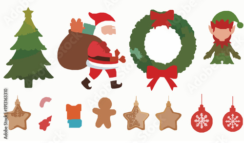 Christmas holiday icons santa tree elves wreath flat vector set isolated on white
