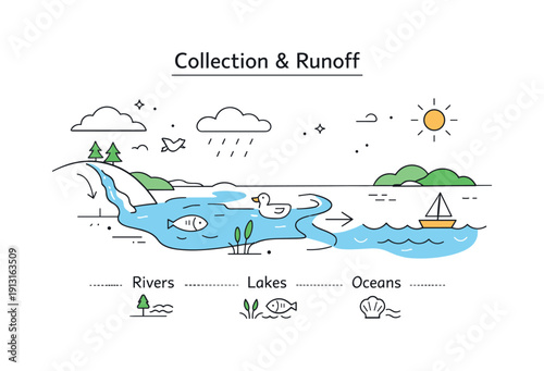 Water cycle. A friendly scene illustrating collection and runoff, with water flowing into rivers, lakes, and oceans. Calm continuity and