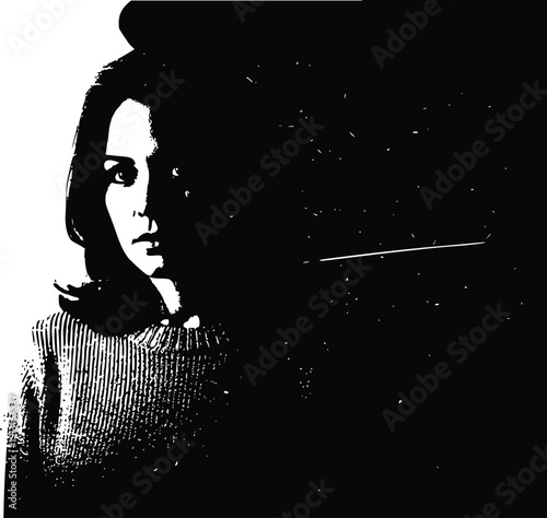 Woman Portrait Black and White Isolated on Transparent Background