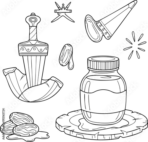 Medicinal bottle and traditional tools in still life