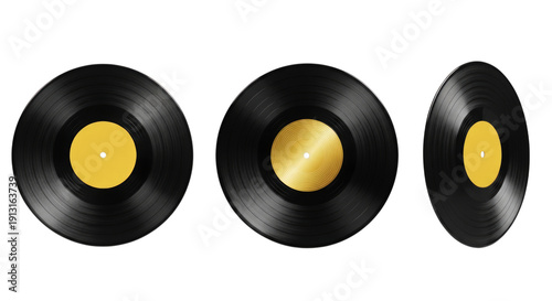 Three vinyl records displayed at different angles on transparent background