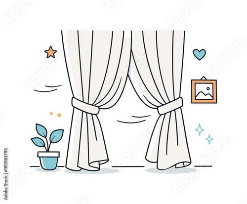 Modern curtain styling. Neutral curtains tied neatly with a fabric tieback, emphasizing order and simplicity. Clean interior mood, gentle