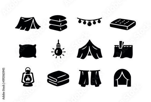 Cozy Blanket Fort. Solid icon set of Cozy Blanket Fort: blanket draped tent, pillow stack, string lights, floor mattress, soft cushion, fairy