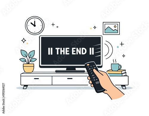 End of a TV show. A living room scene with a paused screen and a hand reaching for the remote, signaling closure. Soft motion lines show the