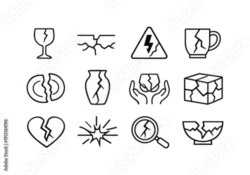 Ceramic Damage Concept. Line icon set of Ceramic Damage Concept: fragile symbol, cracked surface icon, breakage warning, damaged object sign,