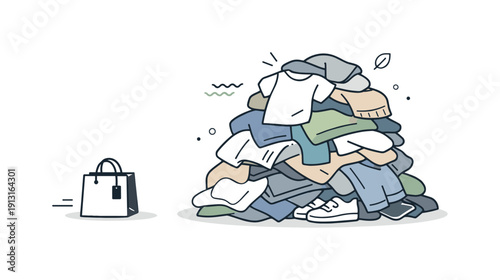 Image Generation. Fast fashion impact. Pile of clothing growing larger next to a small shopping bag, showing excess consumption. Calm but critical editorial