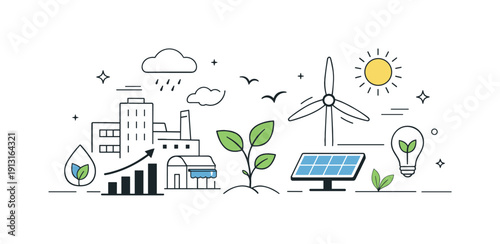 Sustainable economic growth. A calm scene with buildings, plants, and renewable energy icons working together, expressing harmony between