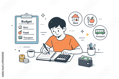 Image Generation. Household budgeting. A person uses a calculator and notebook to track rent, food, and transport costs. Focused and organized financial