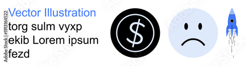 Financial growth, emotions, startups, space exploration, economy changes, innovation. A dollar sign, sad face and rocket are . Financial growth and emotions in an economic context