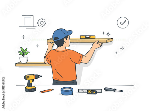 Floating Shelves Installation. Installing floating shelves. Editorial scene of a person calmly hanging floating shelves on a wall, simple tools and alignment