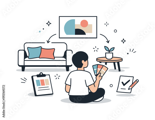 Image Generation. Interior color harmony. A simple room scene where a person chooses matching decor colors for cushions and wall art. Balanced mood and