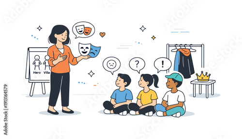 Drama as a learning tool. A teacher guiding students during a theater exercise, discussing roles and emotions in a calm classroom setting.