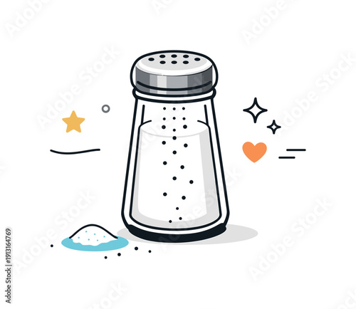 Image Generation. Salt shaker. A simple salt shaker standing upright with small grains gently falling, creating a calm everyday kitchen moment. The scene feels