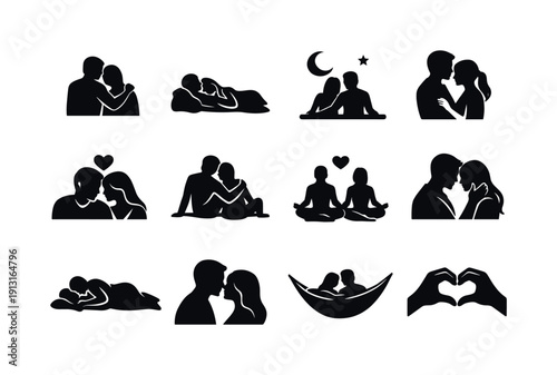 Romantic Calm. Solid icon set of Romantic Calm: couple closeness, romantic rest, peaceful love, quiet togetherness, couple intimacy, shared