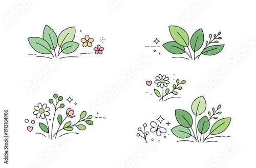 Serene Botanical Design. Botanical composition pieces. Floating leaf clusters, tiny florals and natural outlines arranged with rhythm and simplicity. Fresh and