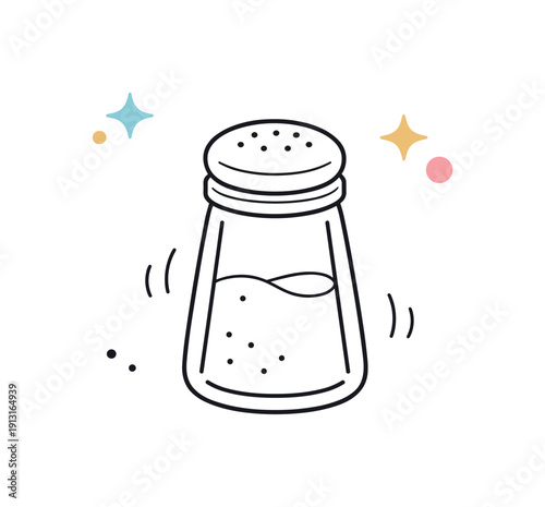 Minimal salt illustration. A single salt shaker drawn with clean lines, softly floating with small abstract shapes around. The illustration