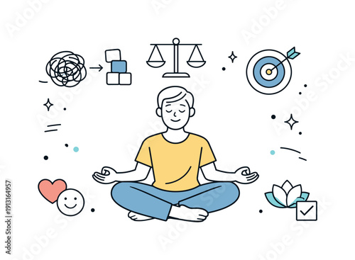 Mindful Clarity Illustration. Mindfulness for focus. A relaxed character surrounded by simple icons of thoughts becoming orderly, expressing clarity, balance,