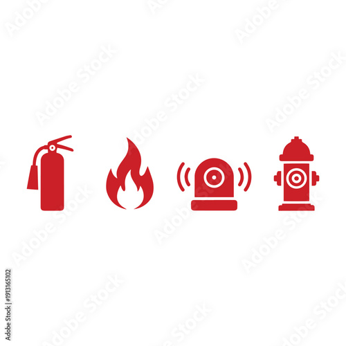 Red fire safety equipment icons with extinguisher hydrant and alarm vector illustration.