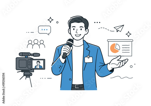 Speaker documentation. A presenter holding a microphone, gestures mid-talk, camera framing the moment. Professional and confident atmosphere