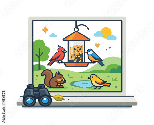 Birdwatcher's Window View. Bird feeding and observing local wildlife illustrated through a window view with a bird feeder outside and binoculars resting on the