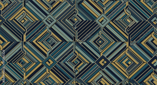 Elegant seamless abstract geometric pattern featuring intricate lines, diamond shapes, and curves in sophisticated blue, teal, and gold tones for modern design backgrounds.