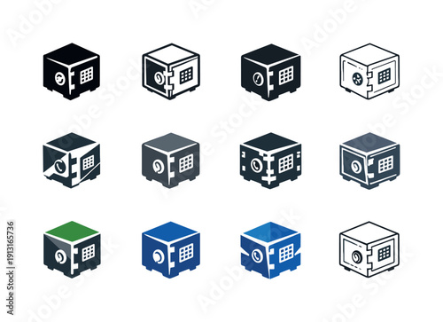 Money vault. Icon set. Set Logo of money vault: isometric vault with digital lock. harmonious logo variations of the same emblematic concept,