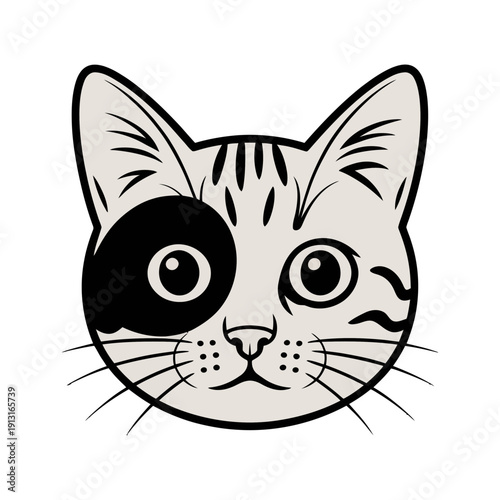 Cute Cat Face with Black Eye Patch Vector Illustration. Adorable Cartoon Kitten Head Icon in Minimal Line Art Style. Pet Character Design Isolated on White Background.