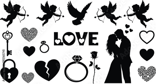 Romantic love icons, cupid silhouettes, flying doves, heart shapes, wedding rings, rose flower, kissing couple, Valentine’s Day romance illustration