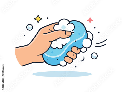 Using a bath sponge. A hand gently squeezing a bath sponge with light foam appearing, calm and soothing. Simple bubbles and motion lines add