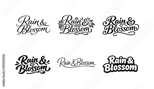 Rain and blossom script style. Set lettering. harmonious lettering variations of the same emblematic concept, each with different artistic